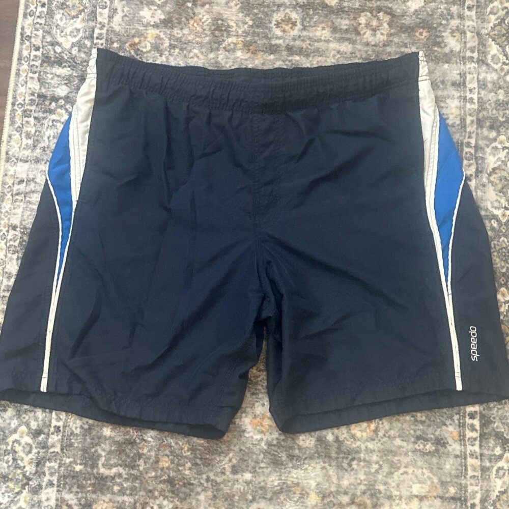 Speedo Mens Swim Shorts Navy Blue W/ Blue & White Stripes Mesh Lining Size L